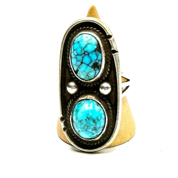 Navajo Turquoise Double Nugget Sterling Silver Ring — EUC — Size 7.5 - Picture 1 of 6